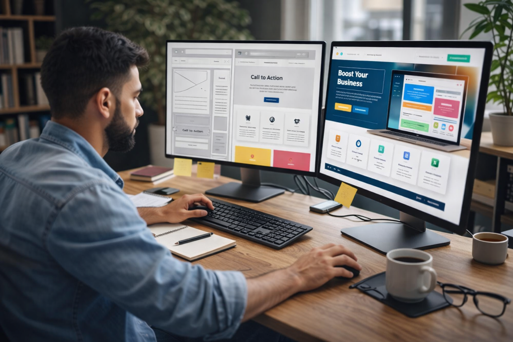 A split-screen graphic showing a visually stunning website layout on the left and an empty sales dashboard on the right, illustrating low conversion rates.