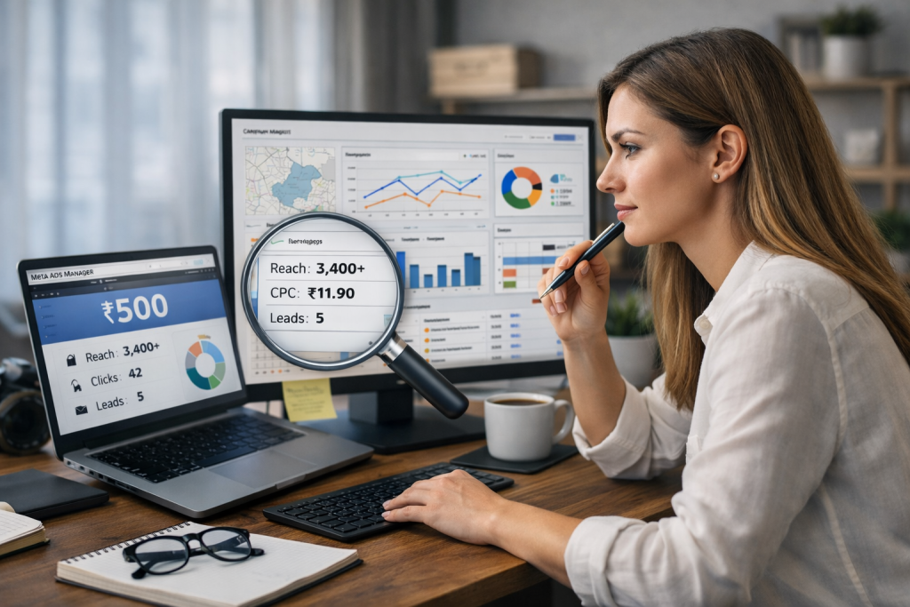 A close-up digital screen showing a Meta Ads Manager dashboard with a ₹500 budget limit reached, highlighting performance metrics like reach and clicks.